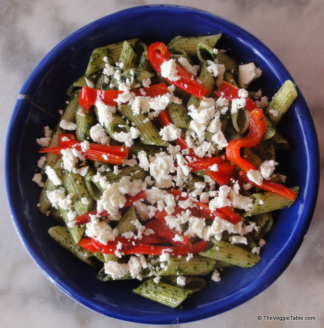Pesto, red pepper, and feta pasta